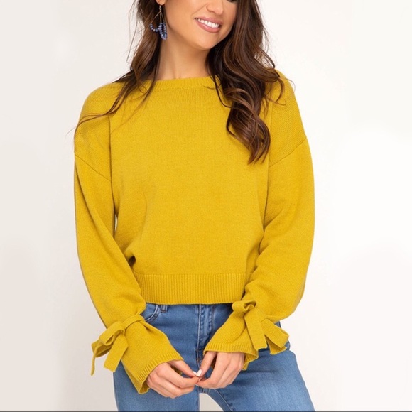 Mustard Bell Sleeve Knit Sweater, Sleeve Tie - Picture 4 of 9